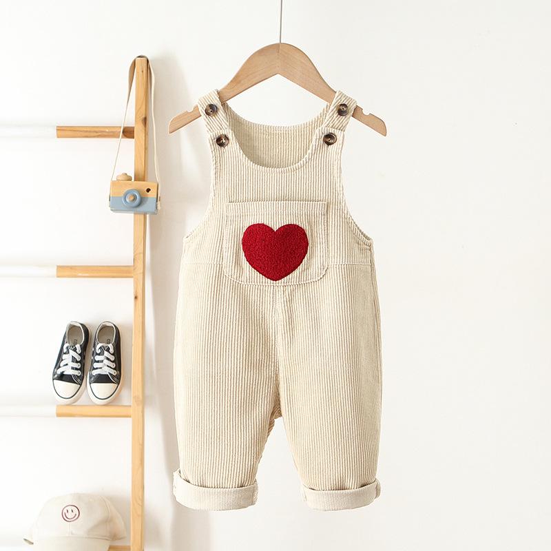 Korean-Style Kids Corduroy Overalls with Heart Embroidery - Unisex Jumpsuit 2026