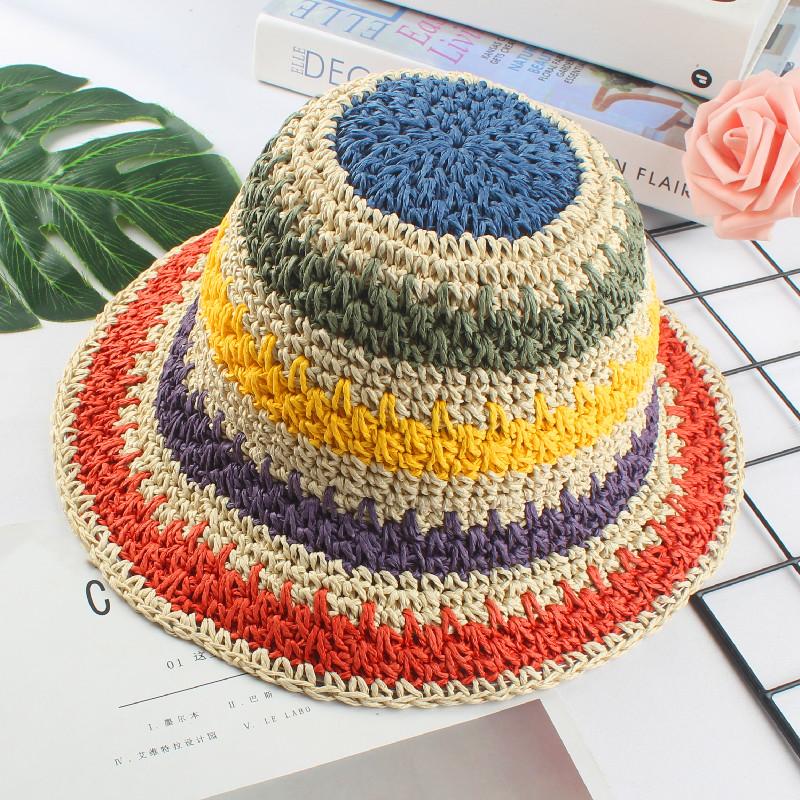 2021 Womens Straw Hat Rainbow Crochet Hand-made  Panamas UV Protection Sun Visor Beach Hats Women Visors Foldable Summer Sun Hat