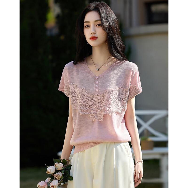 Demana French Lace V-Neck Slub Knit Top