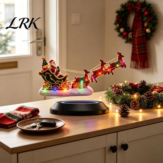 Desktop Christmas Decoration Lighted Floating Santa Sleigh, Magnetic Levitation Flying Sleigh Ornament with Office LED Light, Centerpiece for