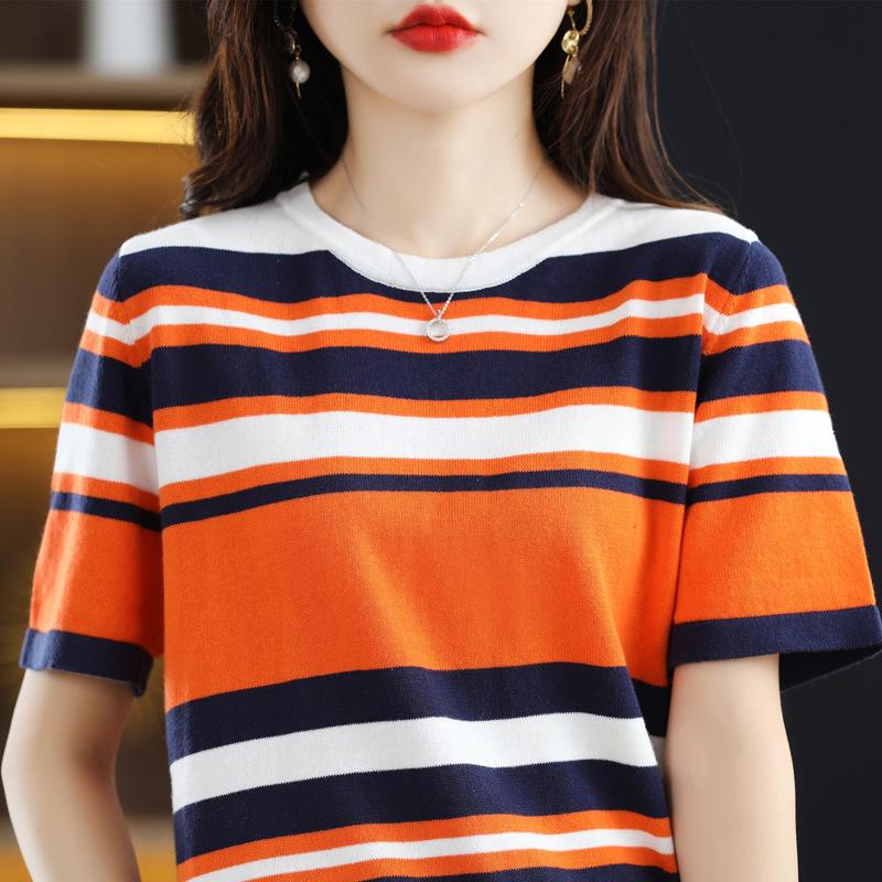 

Трикотажная футболка с коротким рукавом и круглым вырезом, в полоску, летний новый стиль, свободная, приталенная и модная, универсальный топ с коротким рукавом и круглым вырезом XXL