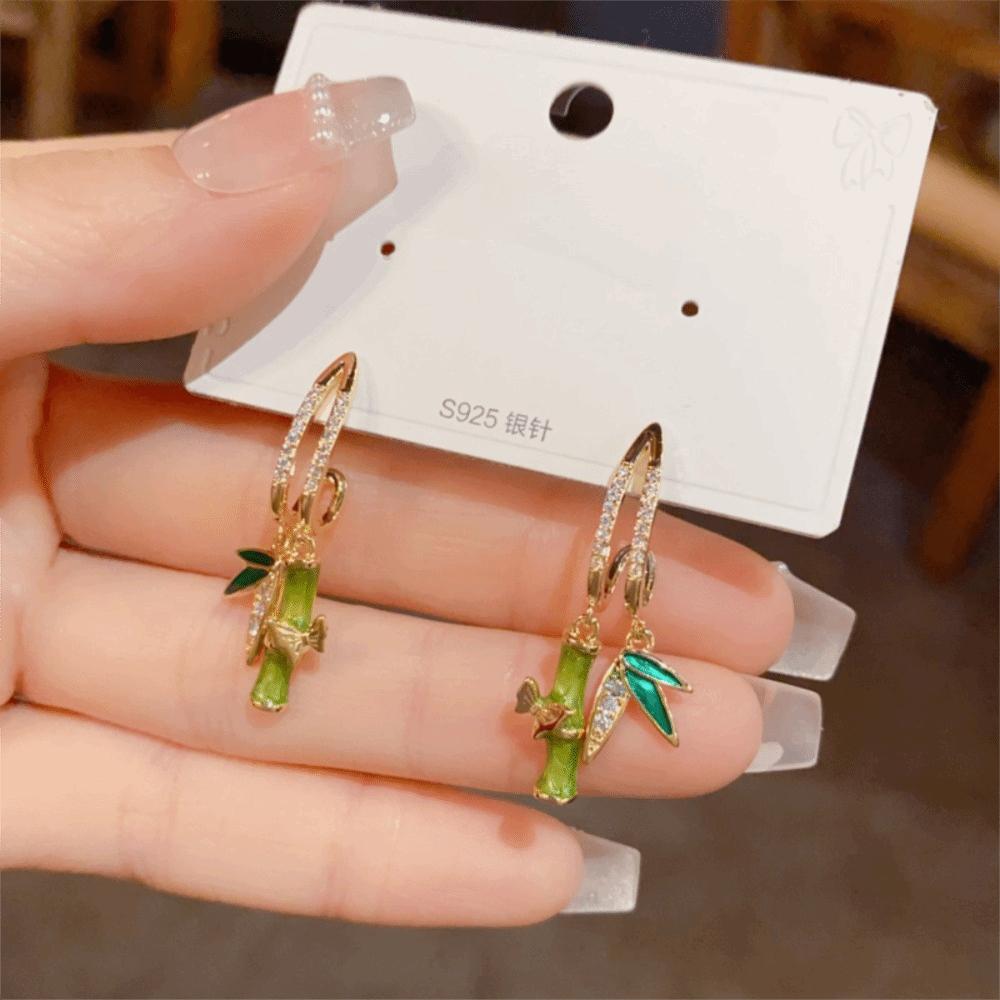 Light Luxury Women Earrings Chinese Stud Earrings Zircon Bamboo Earrings Jewelry Gifts