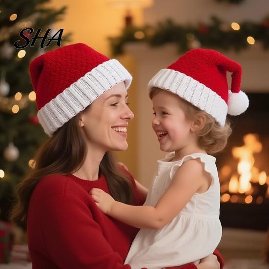 Soft Waxy Winter Hat for Adults Santa Hat, Red Knitted Christmas Kids Adults, Warm Festive Headgear Xmas Party with White Pompom Holiday Accessory