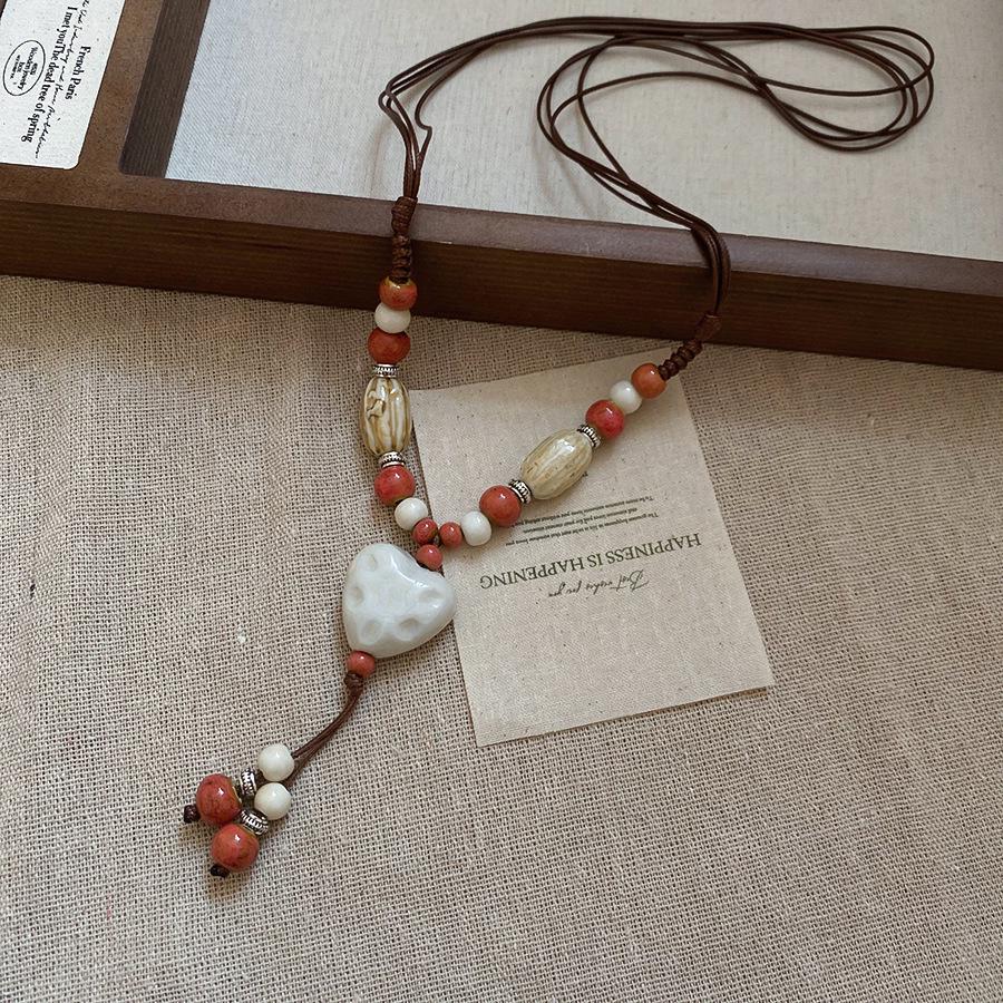 Vintage Bohemian Ethnic Ceramic Bead Pendant Necklace