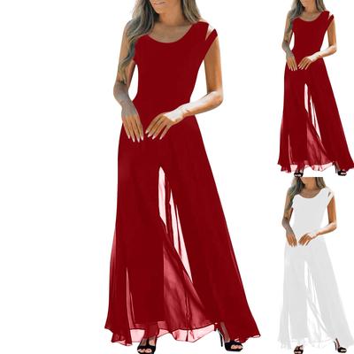 Dames casual mouwloze hoge taille ronde hals chiffon overlay jumpsuit losse romper lange broek