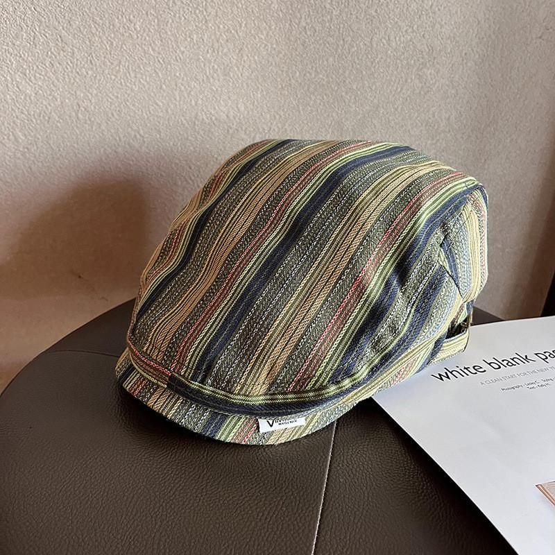 Vintage Striped Cotton Duckbill Cap With Adjustable Fit For Casual Spring Autumn Wear
