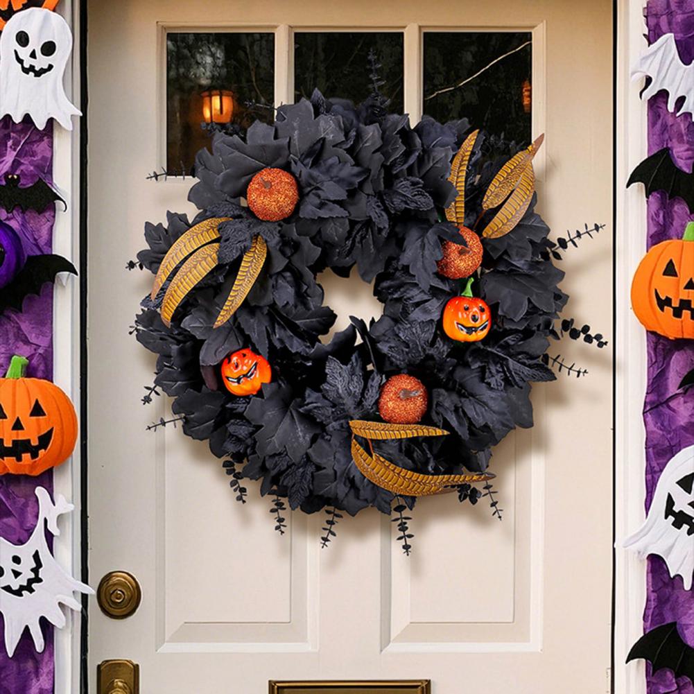 Black Eucalyptus Leaf Pumpkin Wreath Elegant Halloween Wreaths with Pumpkin Feather Eucalyptus for Front Door Home Decor Indoor