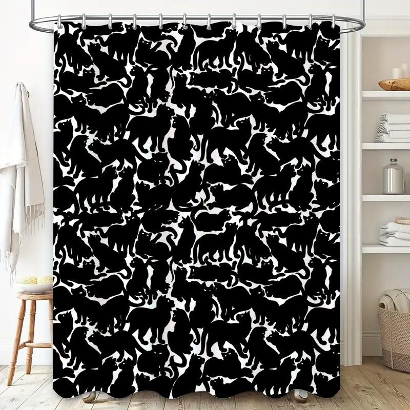 Black White Silhouette Cat Shower Curtain Set for Bathroom Decor Modern Home Accents