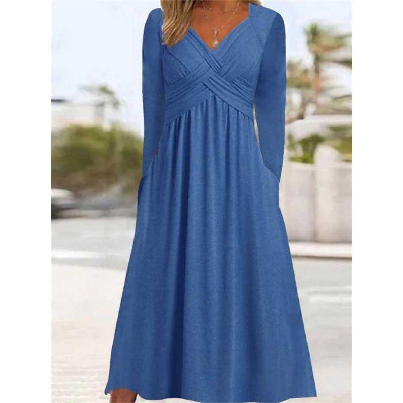 Fashion Women Dress Casual Ladies Skirt Solid V-neck Long sleeve dress Women