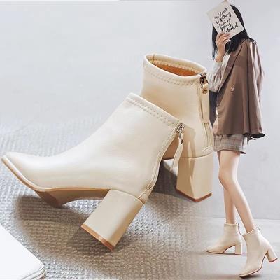 White Boots Square Head Not Tired and Thin Women Thin Boots Feet High Heels Velvet Women's Shoes Thick Heel Short Boots