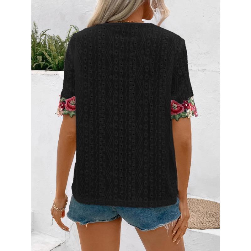 Women's Summer Sexy Deep V-neck Lace Short Sleeved Top T-shirt for Women Shirt