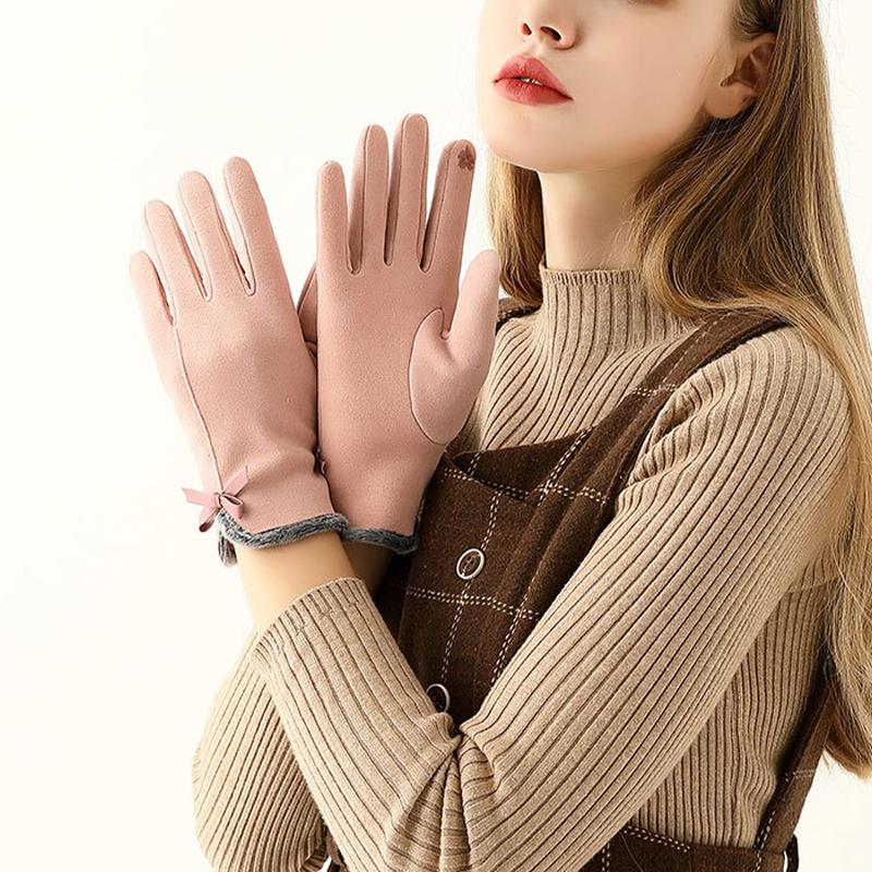 Bow Decor Fuzzy-Handschuhe, elastischer Plüsch, kältebeständig, Vollfinger-Handschuhe für Outdoor-Fahren, Radfahren, Angeln