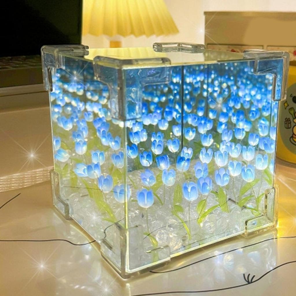 Handcraft Lover DIY 21Pieces 3D Tulips Night Lamp and Mirror 2 In 1 Kits Handmade Flowers Night Light Set Desktop Decors