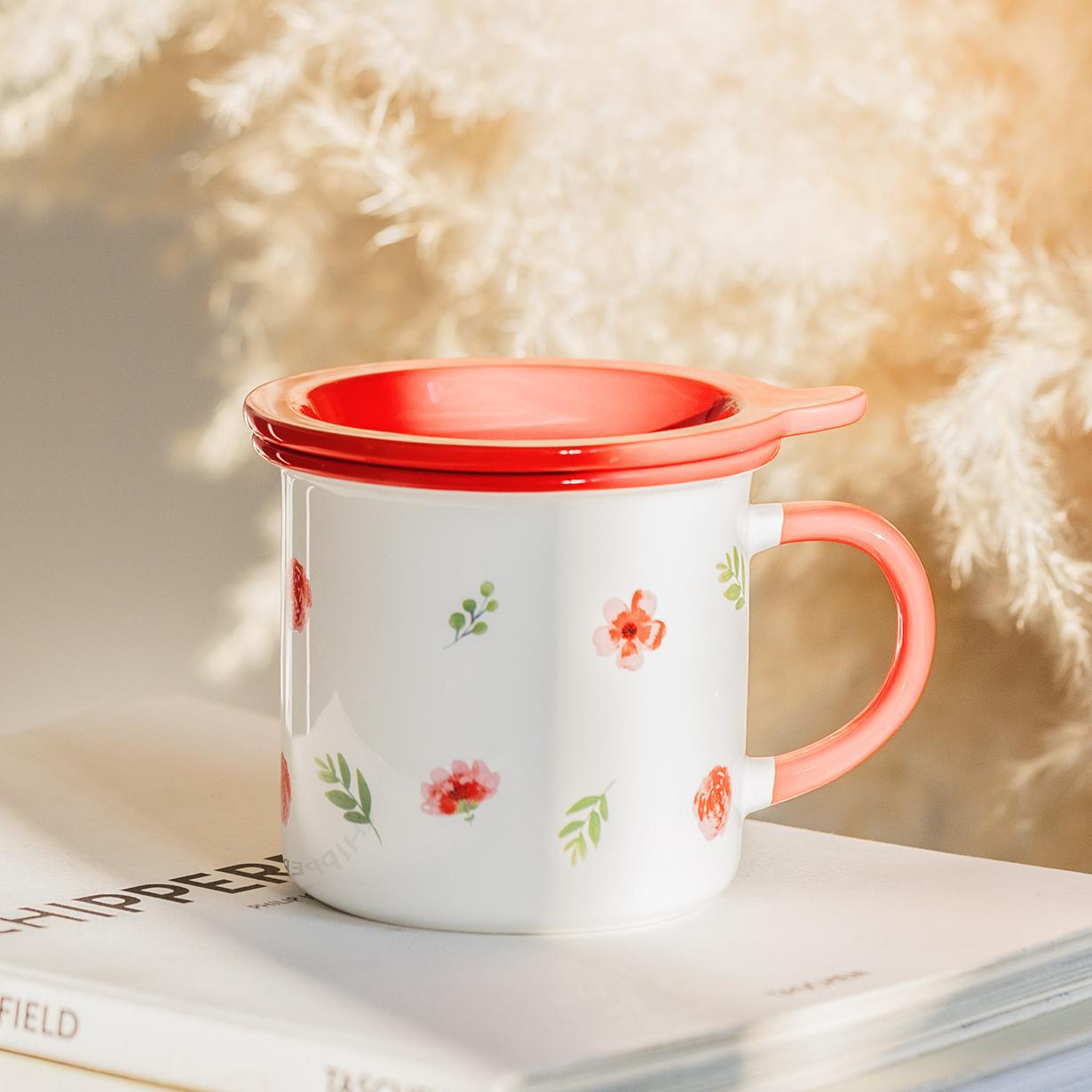 

Pastoral Ceramic Cup with Lid Cute Mug Office Coffee Cup Gift Cup Breakfast Cup Student Water Cup Home Use 301-400ml