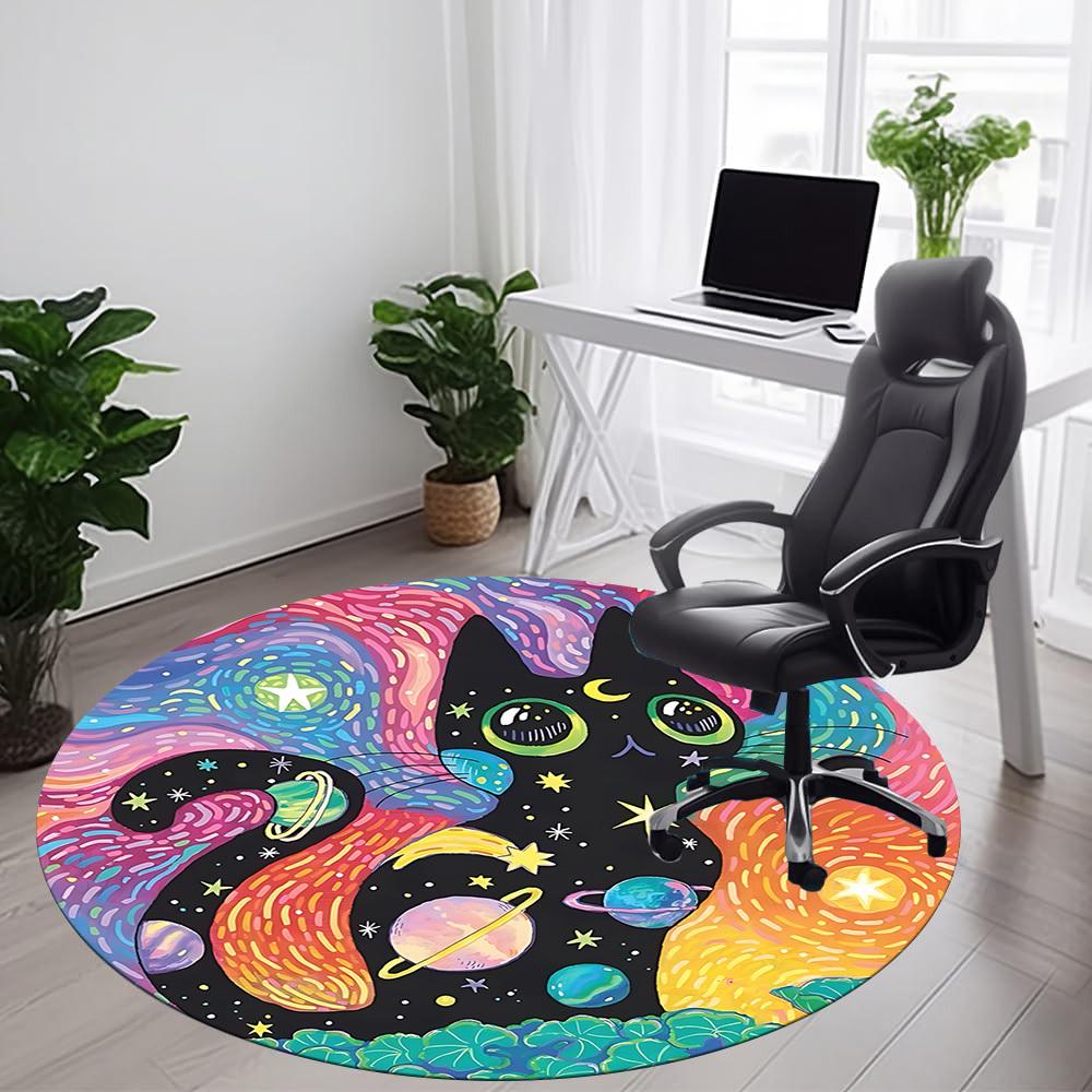1PC Galaxy Cat Office Round Area Rug, Indoor Mat Suitable ForOffice, Under Office Chairs Bedroom Living Room Home Decor, Room Deco f068