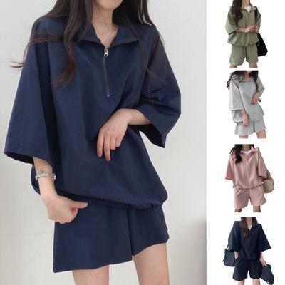 2 peças/conjunto feminino top shorts conjunto solto cor sólida solto zíper pescoço gola virada para baixo bolsos oversized meia mangas agasalho