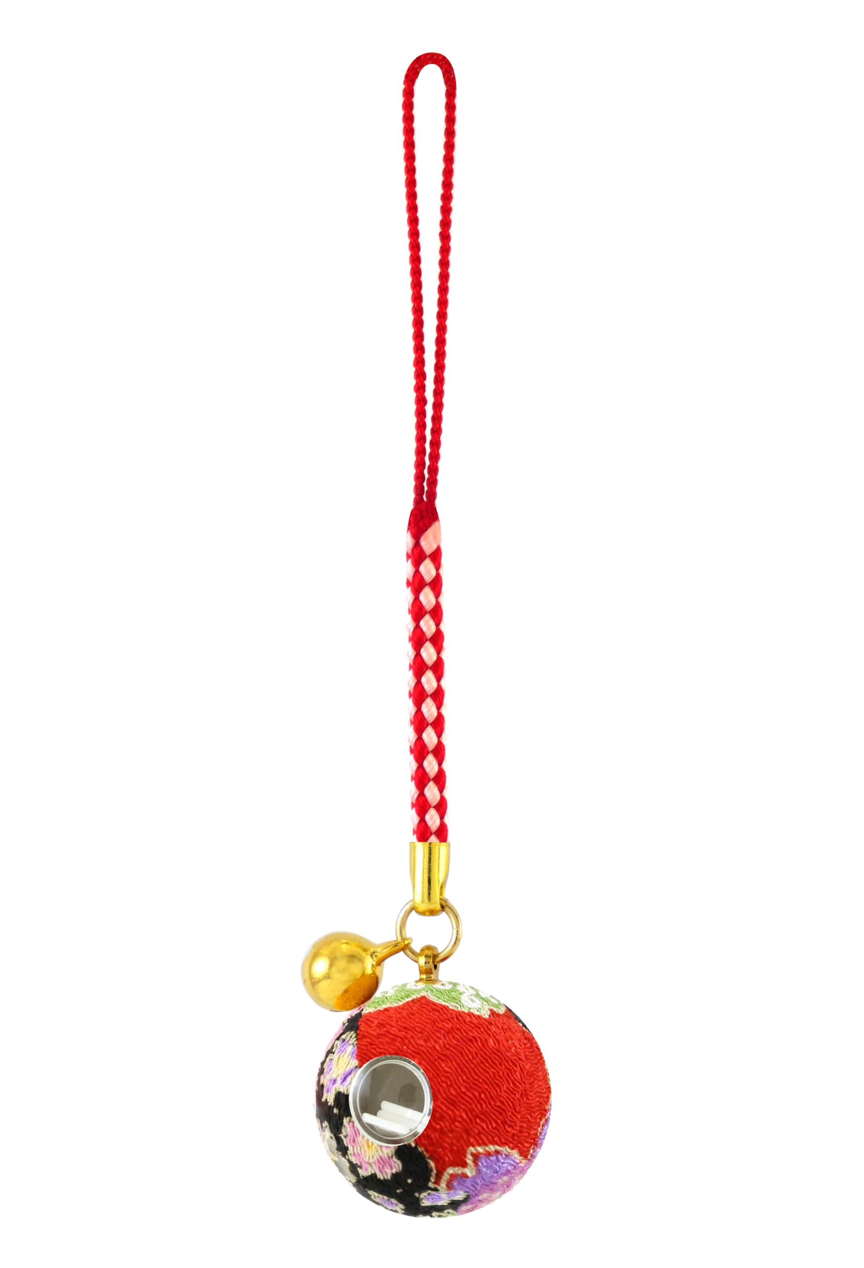 

ZUNE Flower Chirimen Netsuke Keychain with Fortune Bell Japanese Chirimen Fabric Slip, Design, Pattern, (Red)