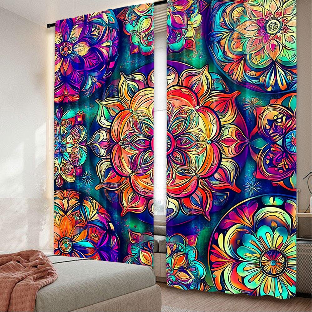 2Pcs Floral Blackout Curtains Bohemian Colorful Theme Privacy Drapes Art Decor Bedroom Apartment Living Room Darkening Window