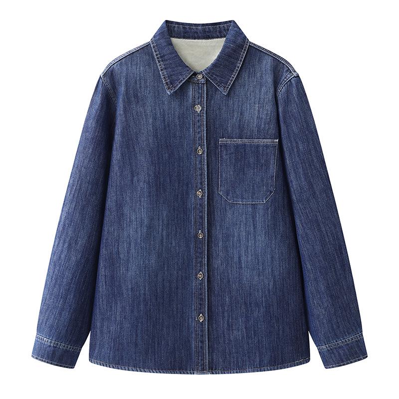Spring 2026 New Arrival: Lazy Style Velvet-Lined Denim Lapel Shirt with Long Sleeves - Versatile and Casual.
