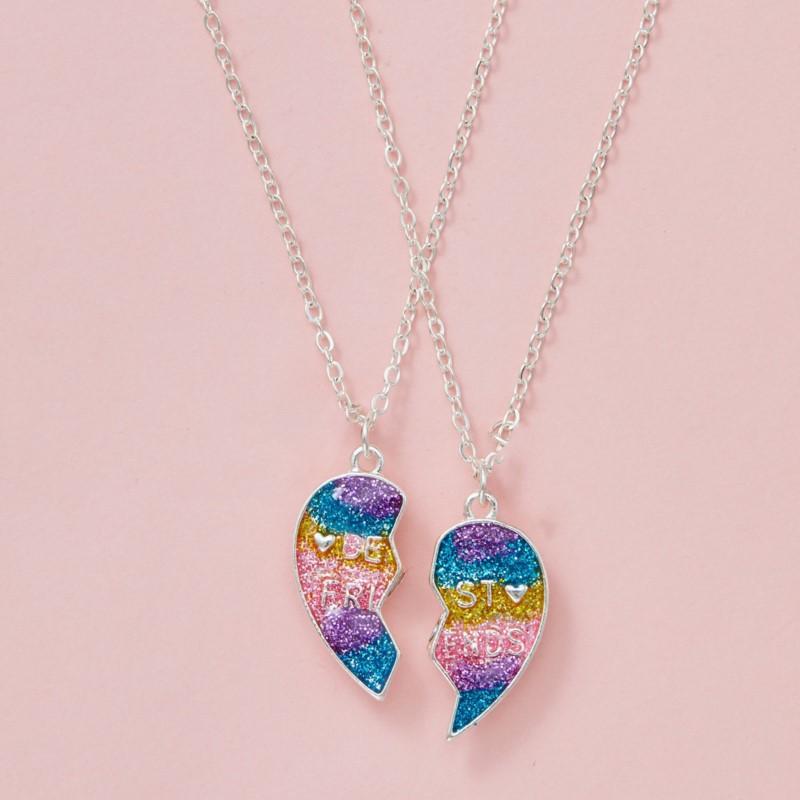 2Pcs/Set Colorful Heart Pendant Necklace for Girl Cartoon Love Pendants Best Friend Shared Jewelry BFF Gifts