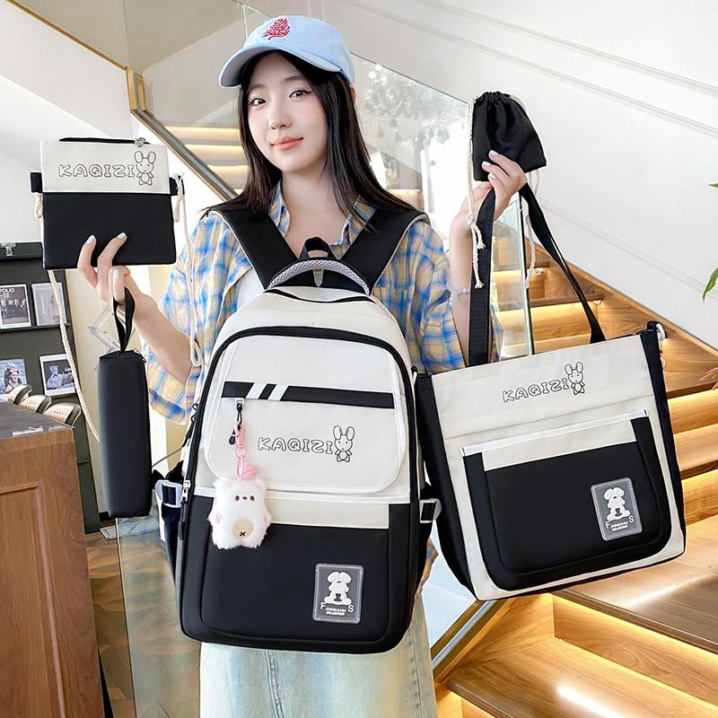 Canvas Casual Backpack Five Piece Set For Students With Rabbit Letter Pattern For School Use