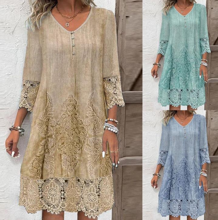 Fashion Summer Dresses Summer Pattern Lace Splicing Hollowed Out Midi Dress Casual Short Sleeve Dresses Lady Vestido