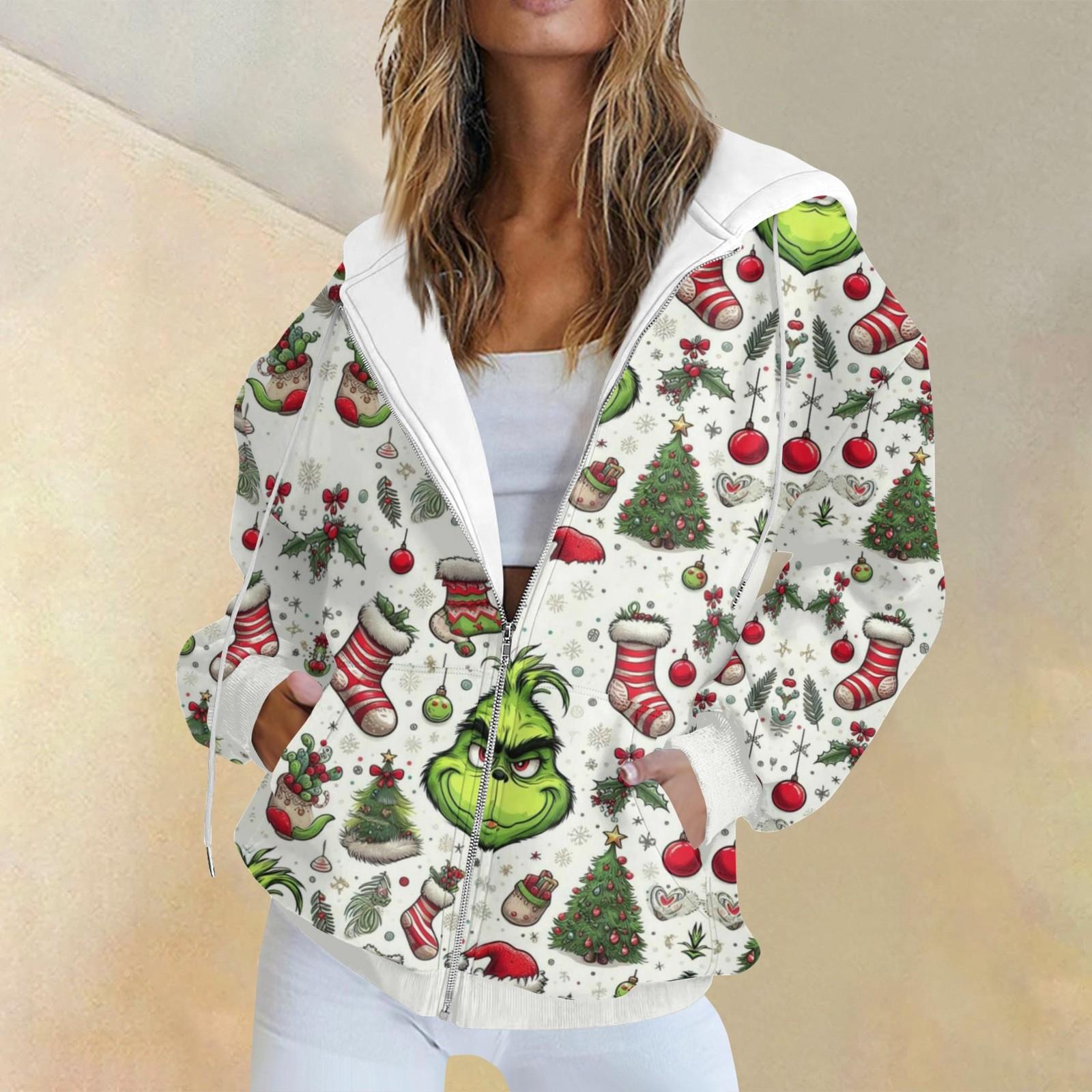 

Женская модная повседневная толстовка с рождественским принтом и длинными рукавами, карманная куртка, пальто с капюшоном на молнии XL