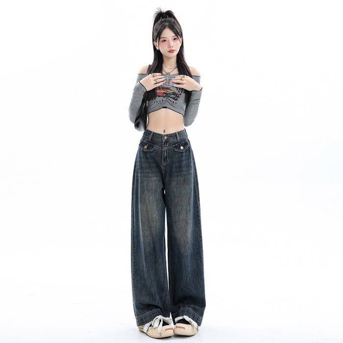 

Autumn 2024 Women s High-Waisted Retro Wide-Leg Jeans for Pear-Shaped, Slimming Floor-Length Pants 2XL