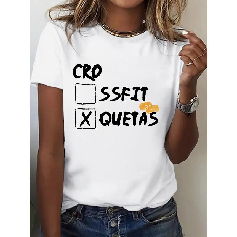 

Women s Casual T-Shirt - CROSSFIT QUETAS Letter Print - Printed Style - Women s Casual Athletic T-Shirt - Stylish Short Sleeve, S белый