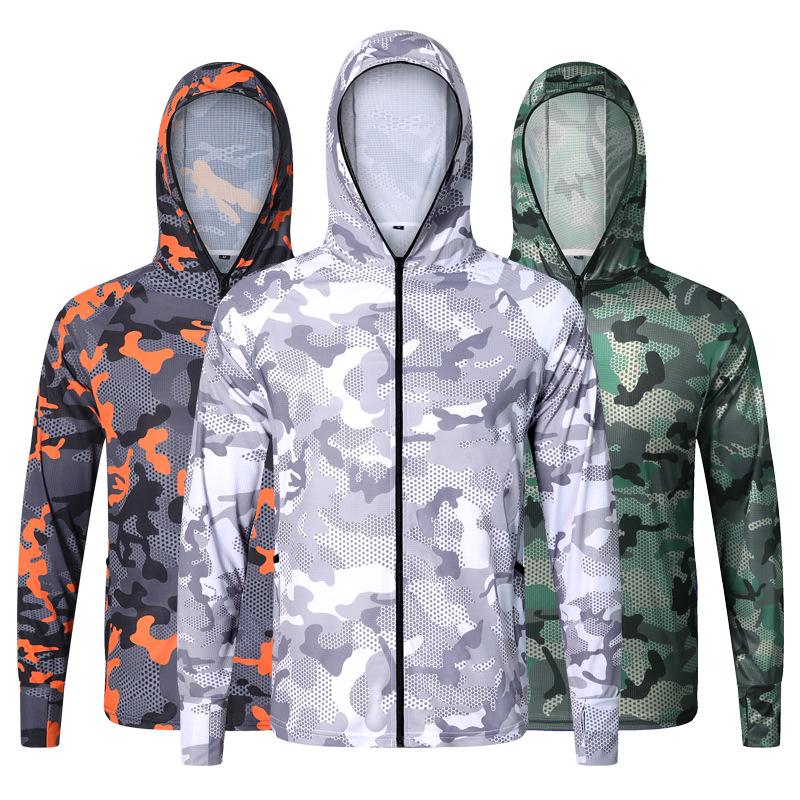 Camouflage Quick-Dry Breathable Hooded Long Sleeve Fishing Apparel with Sun Protection