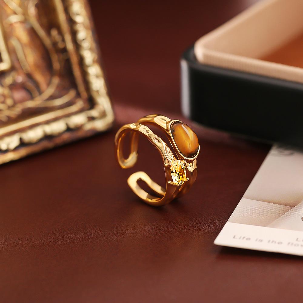 24K Gold-Plated Tiger Eye Adjustable Open Ring - Exquisite, High-End Fashion