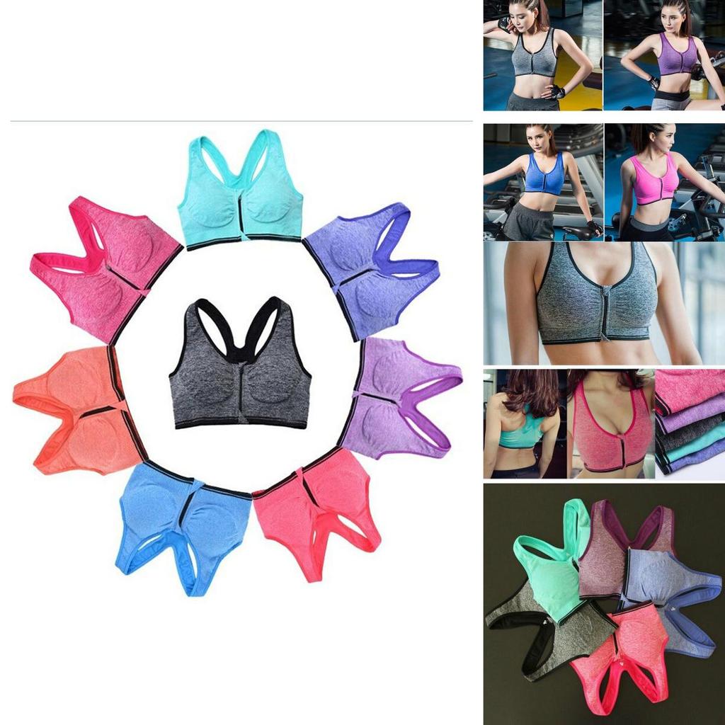Womens Zip Front Wireless Padded Sports Bra Yoga Cami Push Up Support Top Vests