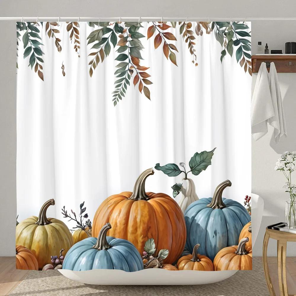 Sunflower Pumpkin Shower Curtain Thanksgiving Rustic Farm Barn Elf Cute Dog Polyester Shower Curtains Bathroom Decor with Hook
