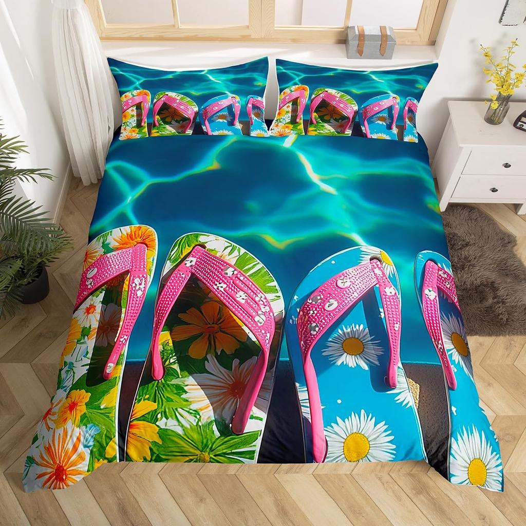 Bunte Flip-Flops Bettwäsche-Sets für Teenager Kinder Leichte Tagesdecke mit 2 Kissenbezügen Strandurlaub Bettwäsche-Set Ohne Bettdecke