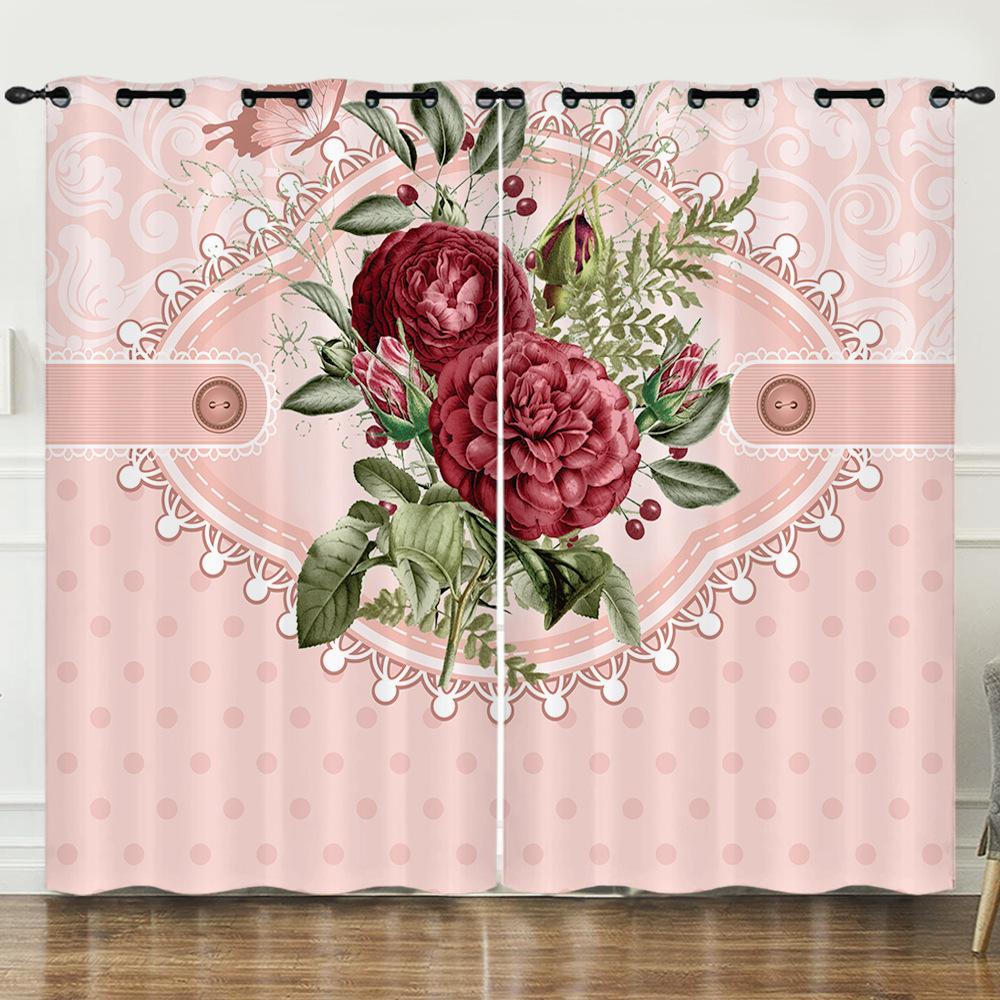 Curtain Flower Rose Simple 3D Digital Printing Blackout Curtain Punching