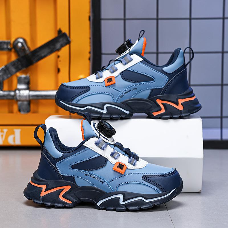 Boys' Shoes 2025 Autumn and Winter New Middle-aged and Older Children's Sports Shoes Leather Surface Casual Rotating Buckle Casual Running Shoes