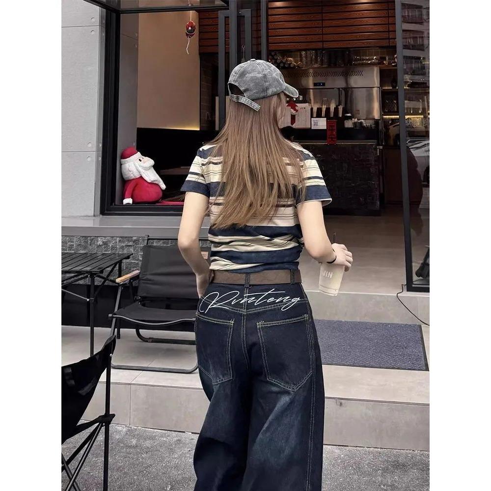 Women's High Rise Wide Leg Jeans Loose Fit Vintage Washed Embroidery Baggy Denim Pants