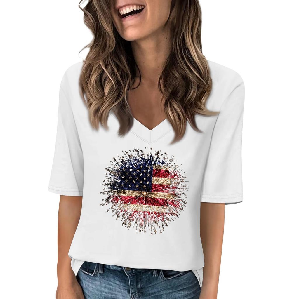 Women's V Neck T Shirts Half Sleeve Tops Printed Casual Summer Tees T Shirt Blouse