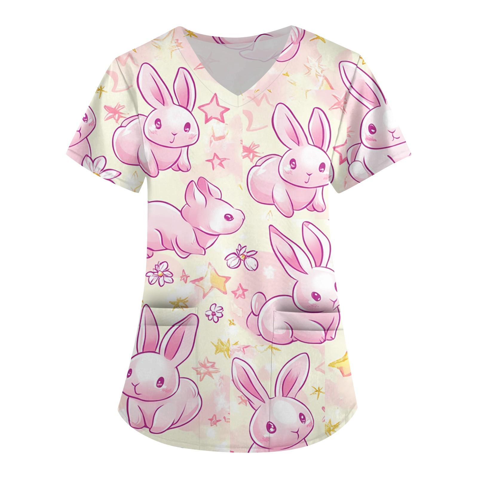 

Женская модная рабочая одежда с V-образным вырезом и короткими рукавами, с карманами, с принтом в виде пасхального топа, одежда для ухода L розовый