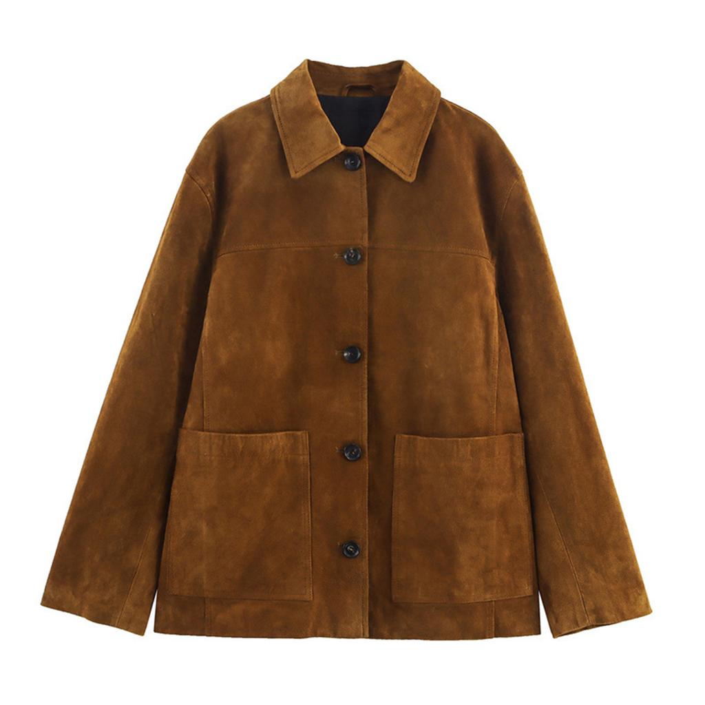 Women's Fashionable Suede Solid Color Loose Fit Suede Leather Long-Sleeved Jacket