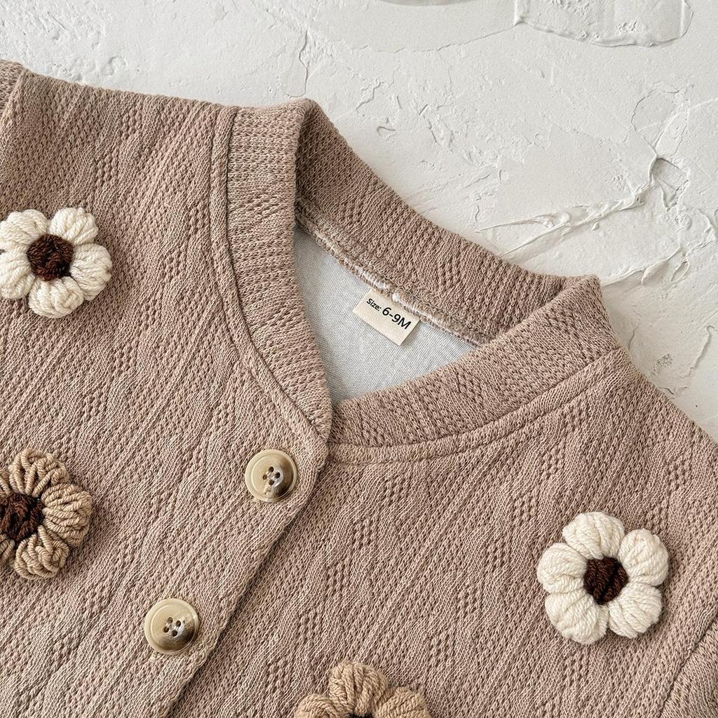 2025 Strick-Cardigan-Set für Mädchen Herbst/Winter: 3D-Blumen-Pullover im koreanischen Stil + Hose mit leicht ausgestelltem Bein