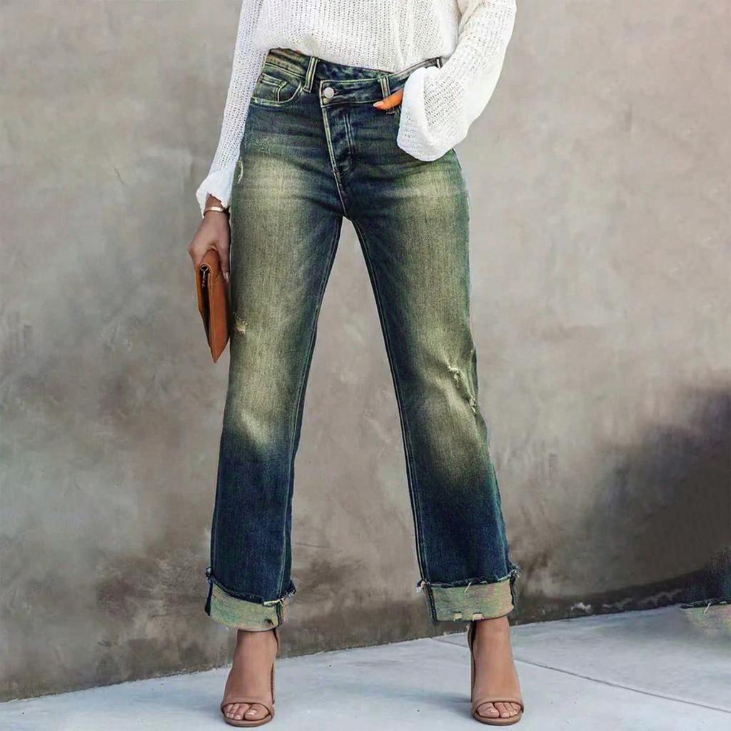 Ladies' Color Casual Versatile Mid Waist Straight Leg Denim Straight Leg Jeans With Fringed Edges