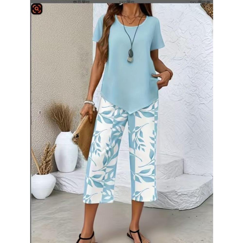 Women Summer Fashion Two Piece Set, Stylish Slimming Short Sleeve Top, High Waist Wide Leg Pants, Elegant Casual Matching Outfit