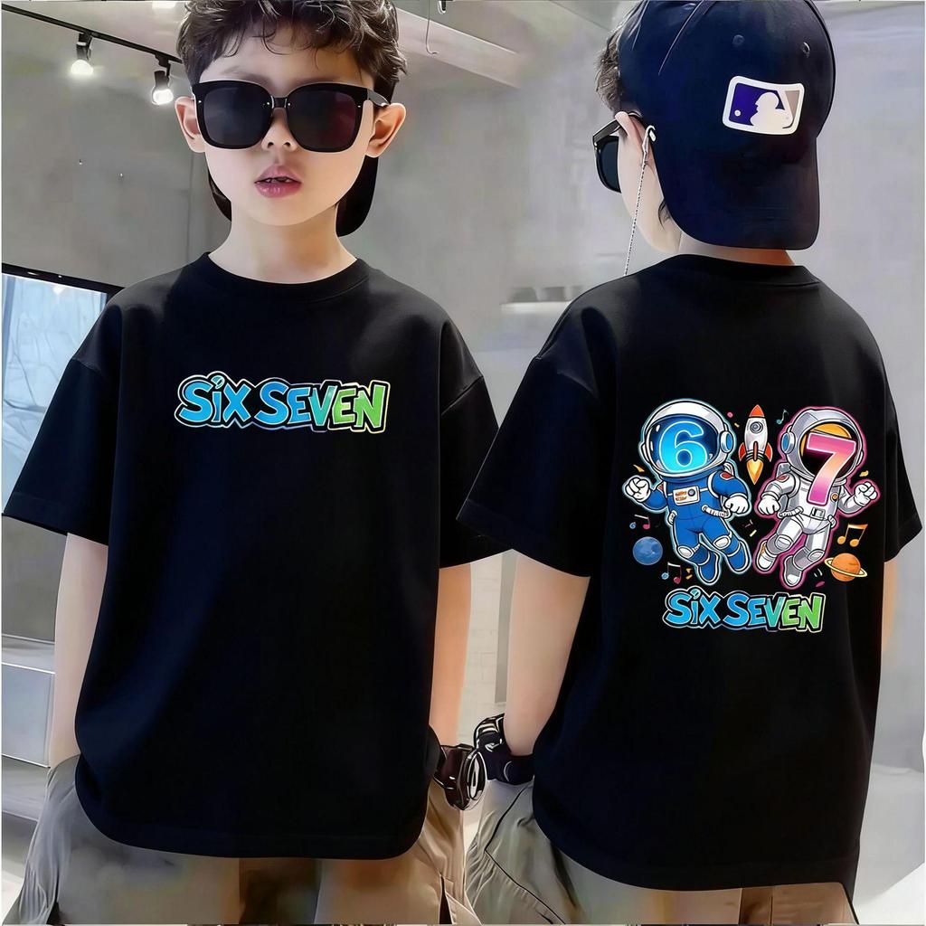 180g Puur Katoen Cartoon 67 Print Kinder T-shirt met Korte Mouwen
