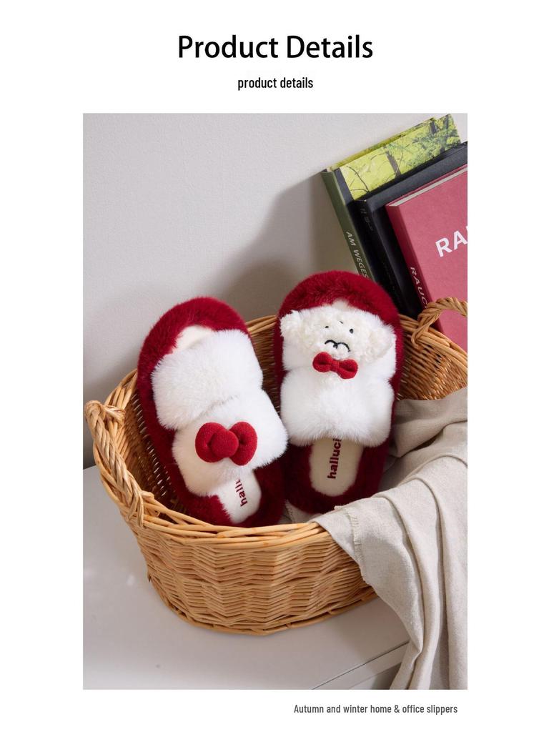 Zimní dámské plyšové pantofle s mašlí, protiskluzové