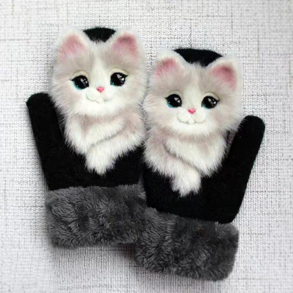 1 Pair Unisex Mittens Thickened Full Finger Winter Warm Gloves Knitted Wool Cartoon Animal Gloves
