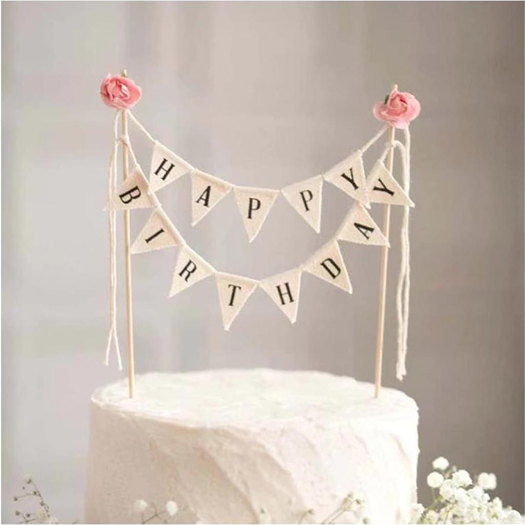Alles Gute zum Geburtstag Kuchen Wimpelkette Topper Kuchen Topper Girlande, Handgemachte Wimpelflaggen mit Holzstab Elfenbein (Mit rosa Rose)
