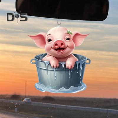 Funny Pig Car Pendant Acrylic Pig In A Bucket Ornaments 2D Flat Hanging Decorations Car Rear View Accessories