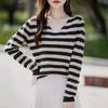 Spring and Autumn new V-neck striped women's long-sleeved knitted sweater loose and thin contrasting pullover versatile bottoming shirt
