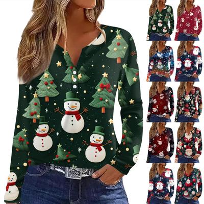 Women's T Shirt Tee Christmas Print Button Long Sleeve Daily Weekend Fashion Basic V- Neck Regular Top